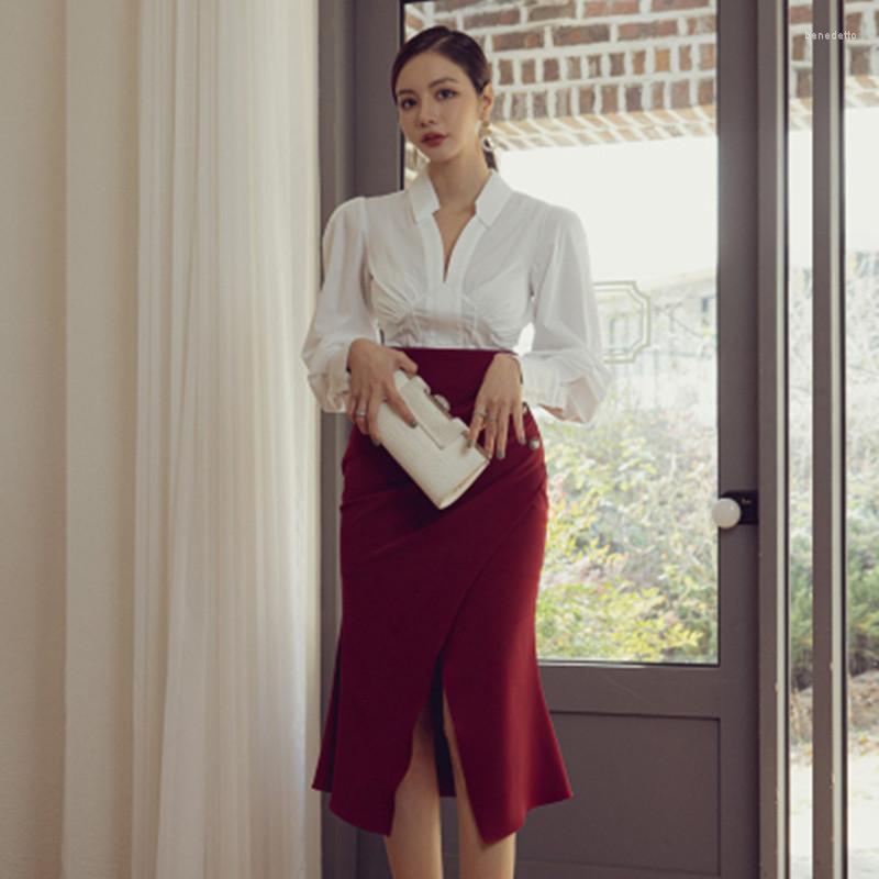 

Work Dresses Fashion OL Temperament Women Two Piece Set Elegant White Long Sleeves Shirt Chic High Waist Fish Tail Skirt Office Femme Suit, Picture color