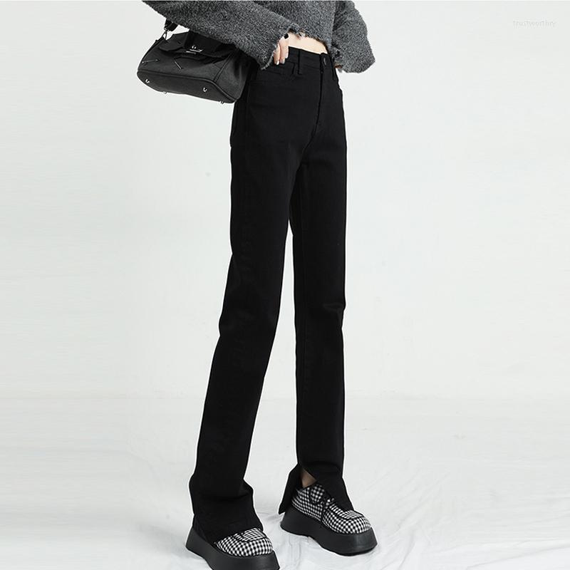 

Women's Jeans Black Womens Mid Waist Vintage Straight Slim Denim Pants Streetwear American Style Fashion Side Slit Trousers