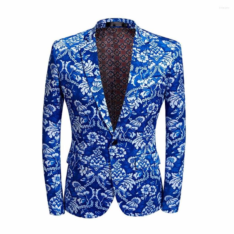 

Men's Suits Tide Men Plus Size Court Blue Floral Print Fashion Casual Latest Coat Pant Designs Wedding Groom Stage Costume Homme, Royal blue