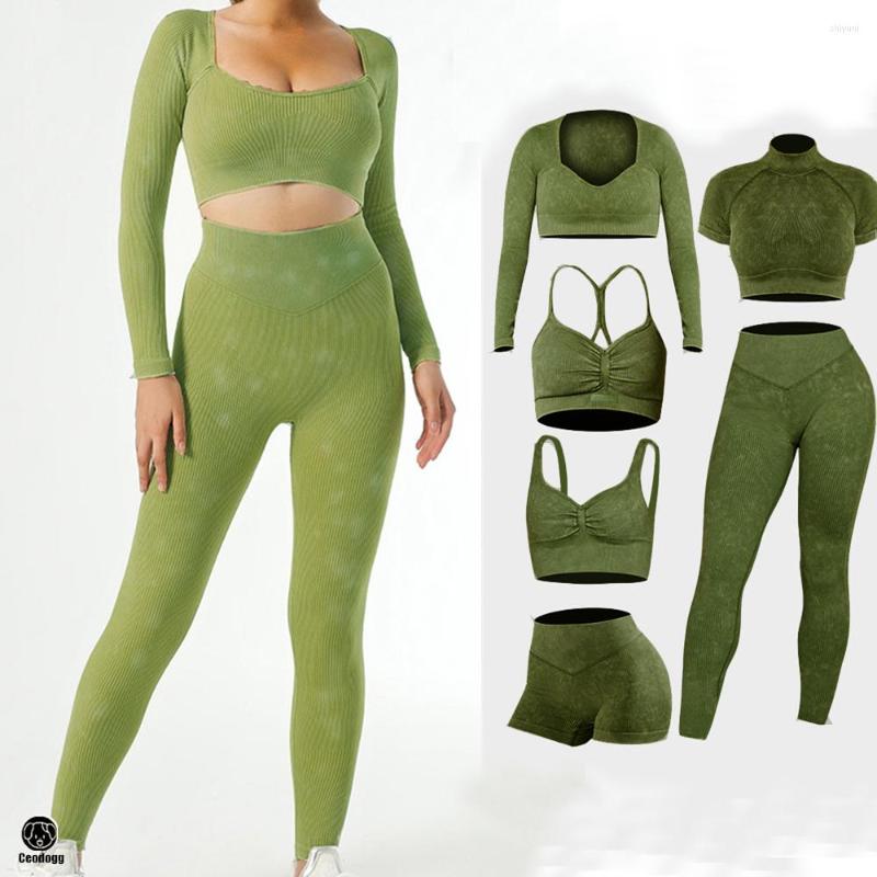 

Active Sets 1/2/3PCS Ribbed Washed Seamless Yoga Set Crop Top Women Shirt Leggings Outfit Workout Fitness Wear Gym Suit Sport Clothes, Beige shorts