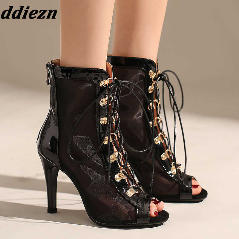 

Peep Toe Elegant Ladies High Heels Shoes 2023 Hollow Fashion Lace Up Mesh Women Sandals Female Pumps Stilettos Shoes Plus Size 0316, Black 7cm 2051d