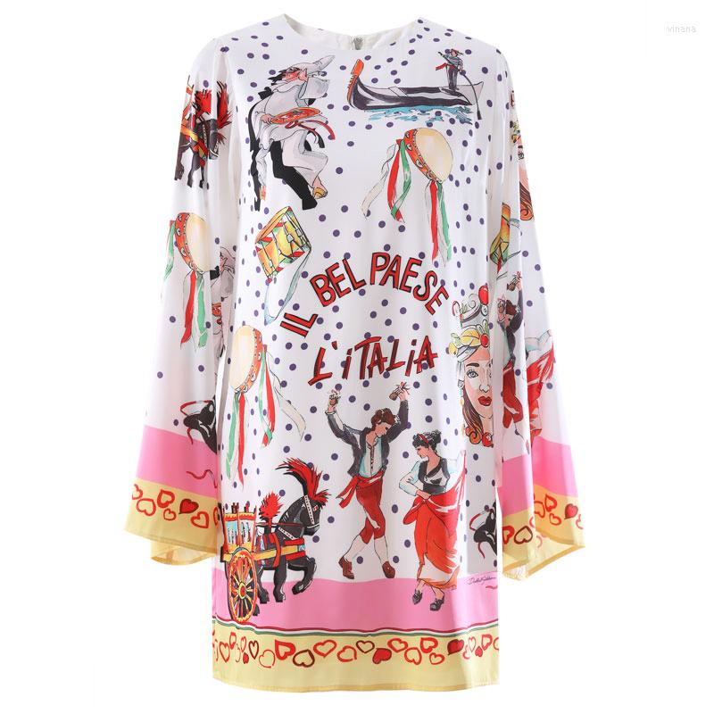 

Casual Dresses 2023 Early Autumn Polka Dot Color Matching Character Print Dress Women' Round Neck Trumpet Sleeve Temperament Skirt, Multi