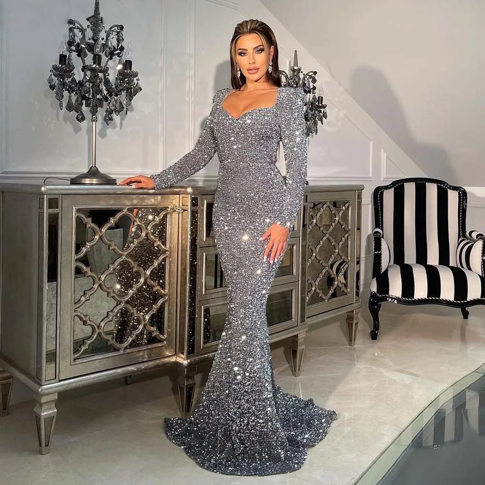 

Long Sleeve Mermaid Sequin Prom Dress For Birthday Party Sparkle Bling Black Gray Evening Gowns Speacial Occasion Formal Dresses Women Pageant Vestido De Fiesta
