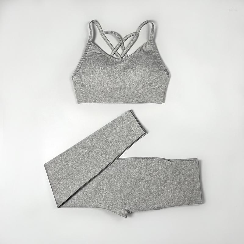 

Active Sets Seamless Yoga Clothing Gym Fitness Leggings Scoop Neck Multi Strap Sports Bra Two Pieces Set Workout Outfit Activewear, Ivory
