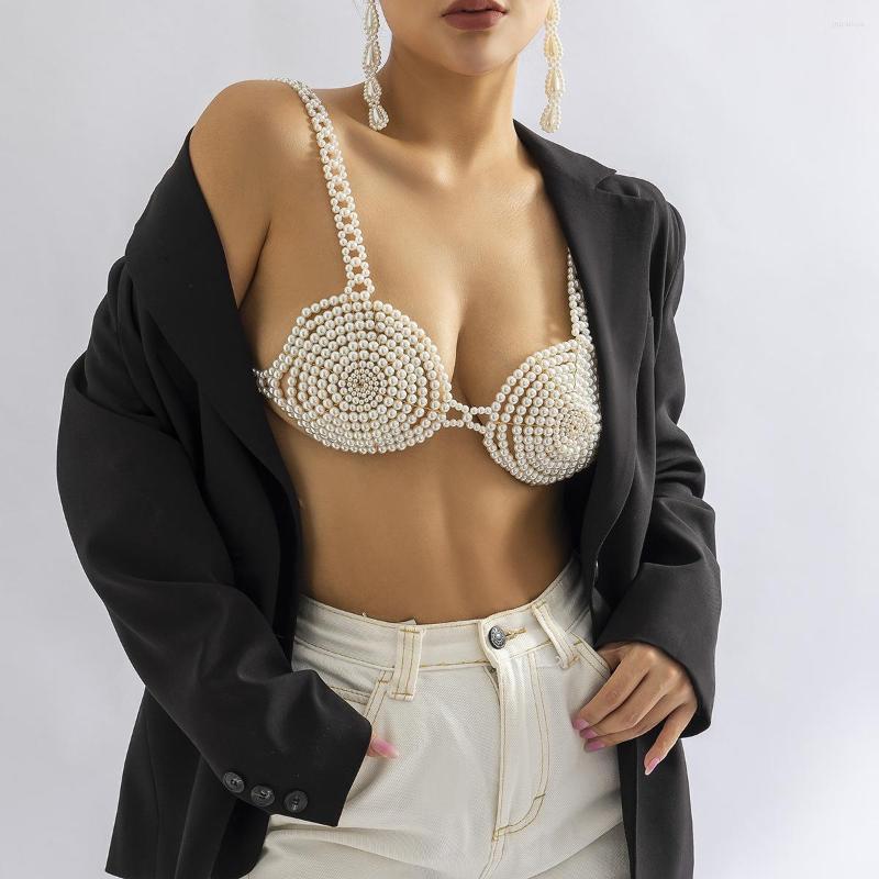 

Women's Tanks Pearl Halter Bralette Chain Women Sexy Bikini Body Fashion Girl Festival Jewelry Accessories Elegant Crop Top Bra, Silver