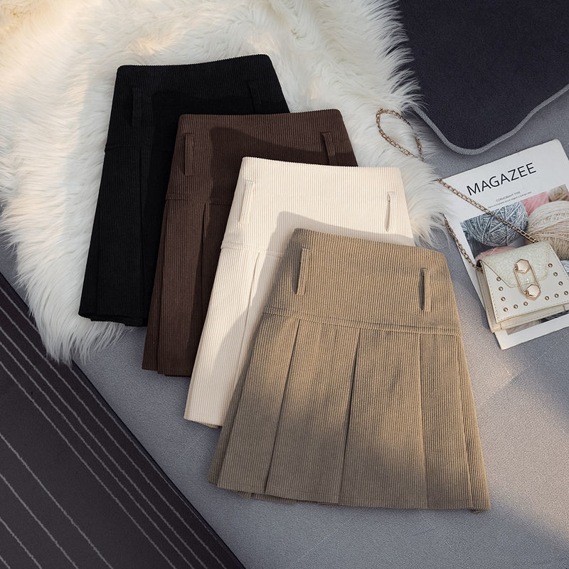 

Skirts Retro Corduroy Skirt Womens Autumn and Winter High Waist Korean Version Kawaii Patchwork Pleated Aline Miniskirt 230314, Black