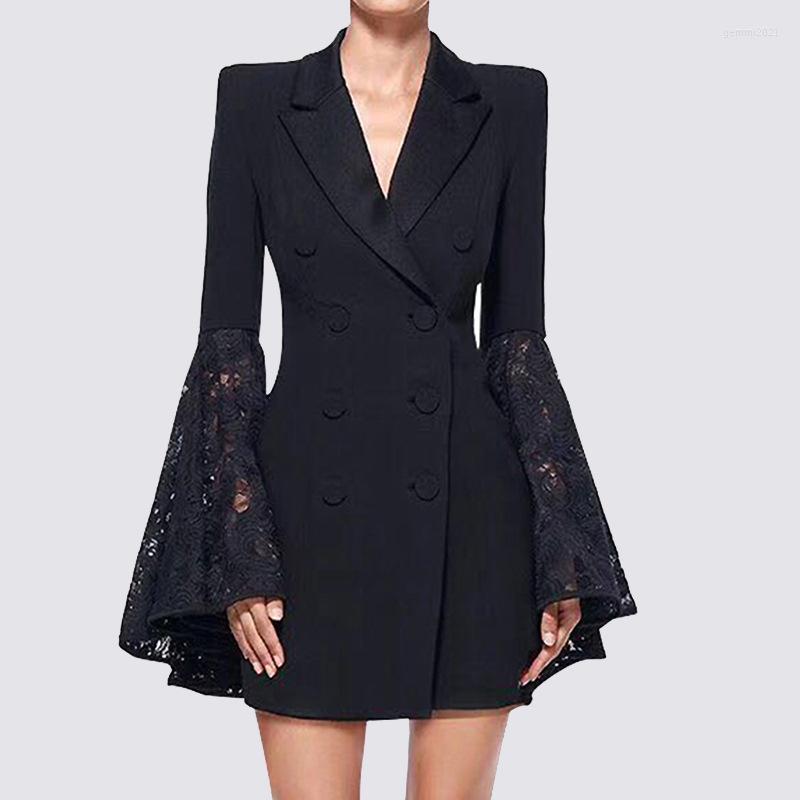 

Women' Suits SuperAen 2023 Spring Women' Black Fashion European And American Suit Coat Design Lace Flare Sleeve Jacket