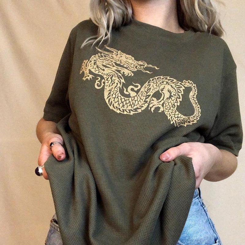 

Women's T Shirts Cartoon Dragon Printed T-shirt Women Short Sleeve Tops Loose Army Green Color Tees Girls Streetwear Female Clothing