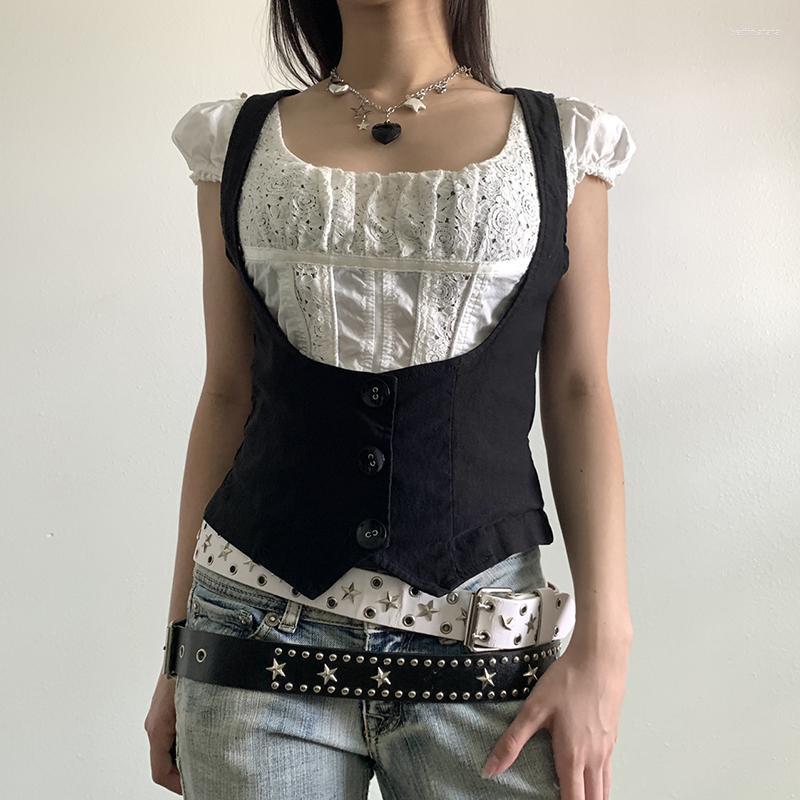 

Women' Tanks Vintage Button Up Y2K Waistcoat Aesthetic Retro Fairycore Grunge Cute Corsetier Gothic Skinny Cropped Vest Outwear, As the photo show
