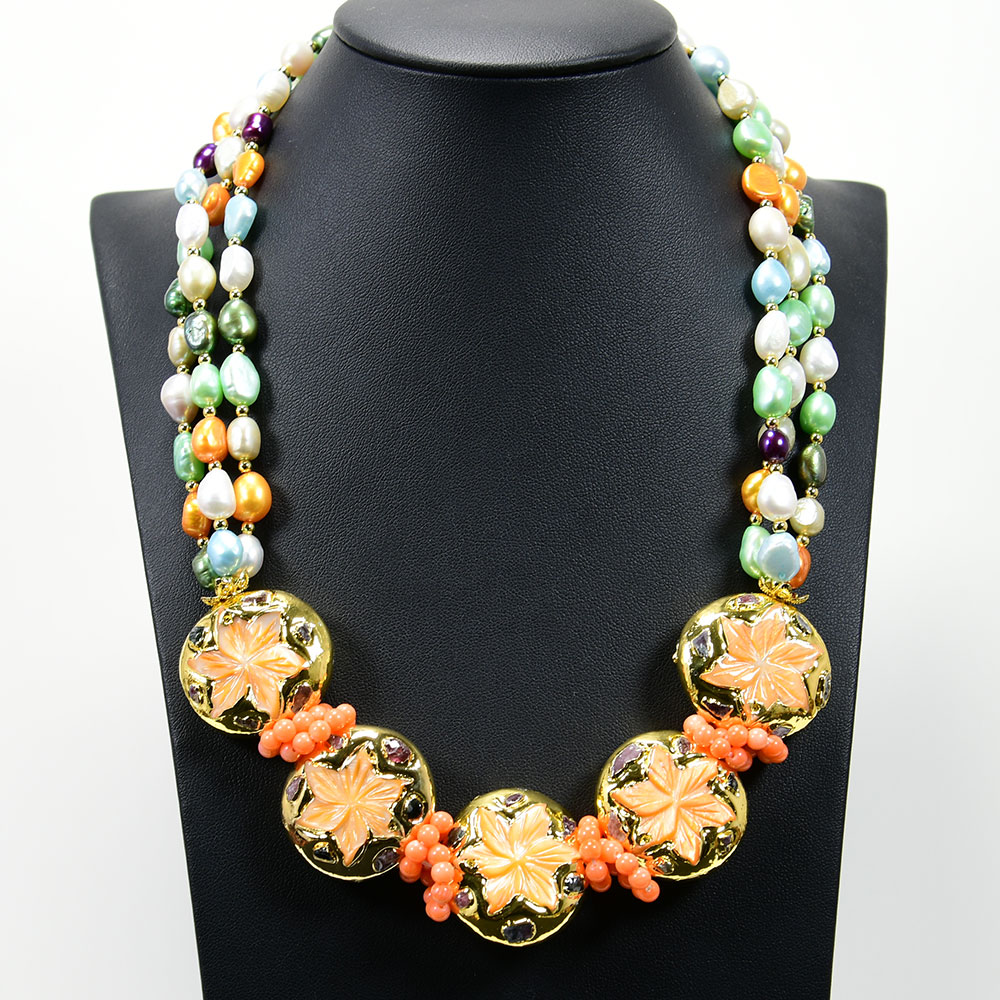 

Multi Color Keshi Pearl Necklace Beaded Orange Sea Shell Carved Flower Paved Tourmaline Statement Necklace For Party