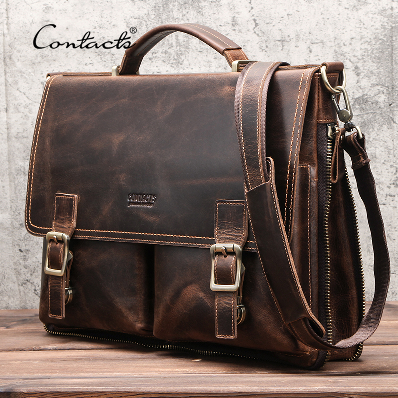 

Briefcases CONTACT'S Men Briefcase Bag Crazy Horse Leather Shoulder Messenger Bags Famous Brand Business Office Handbag for 14 inch Laptop 230316, Auburn