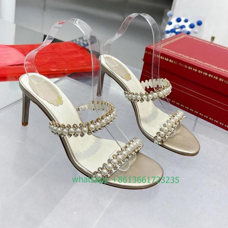 

Slippers Pearl Rhinestone Slip On Stiletto Heel Women Sandals Crystal Shiny High Heels Fashion Luxury Slides Bling Shoes, As photo