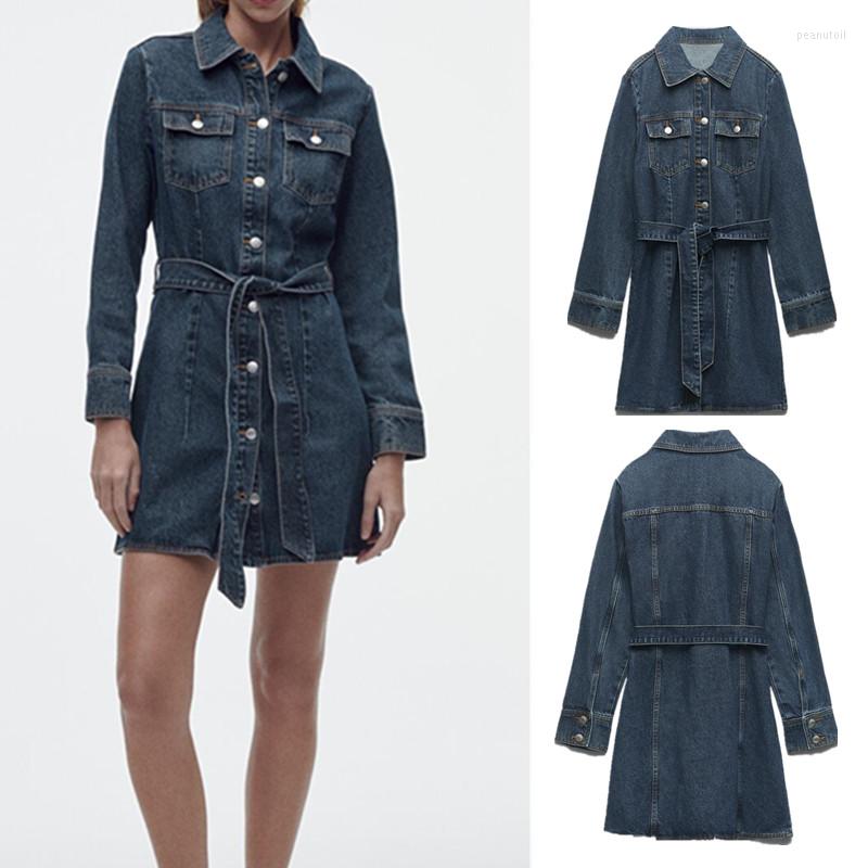 

Casual Dresses COS LRIS Spring Women's Fashion Retro Lapel Long-sleeved Pockets With Breasted Belt Denim Short Dress 2449/042, Blue