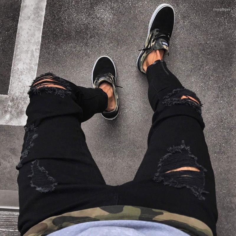 

Men' Jeans Fashion Mens Cool Designer Black Ripped Skinny Destroyed Frayed Slim Fit Denim Pant Zipper Hop Pants Holes For Men