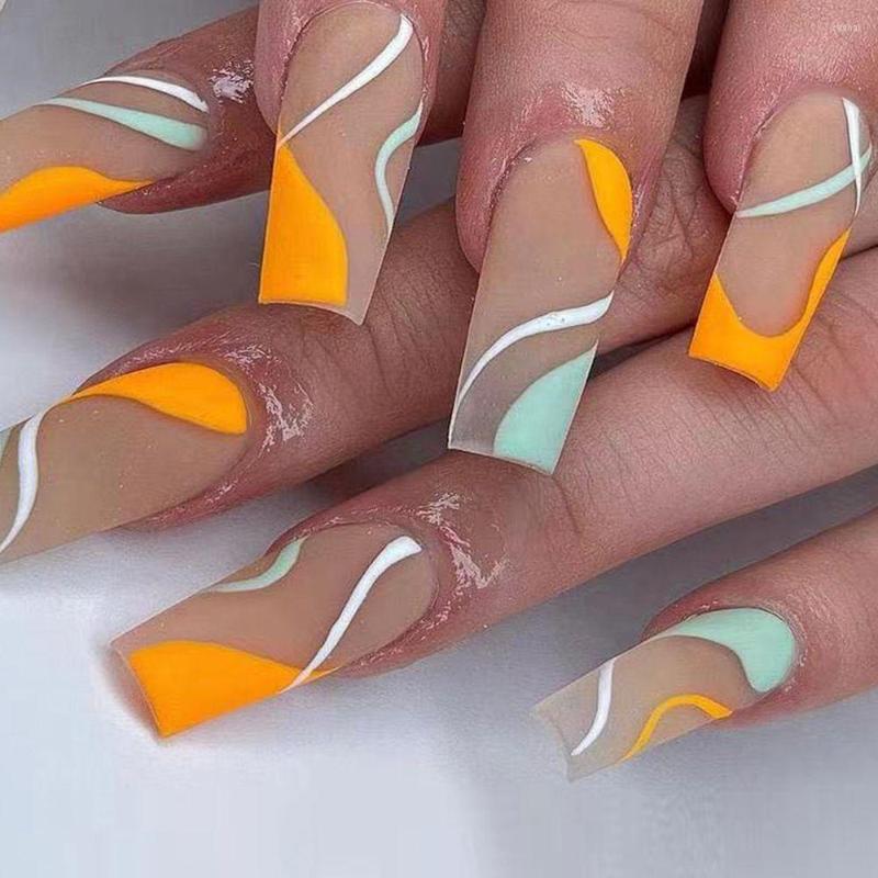 

False Nails 24Pcs Simple Orange Green Wavy Fake Detachable French Long Square Stiletto Nail Full Cover Art Press On, Only fake nails