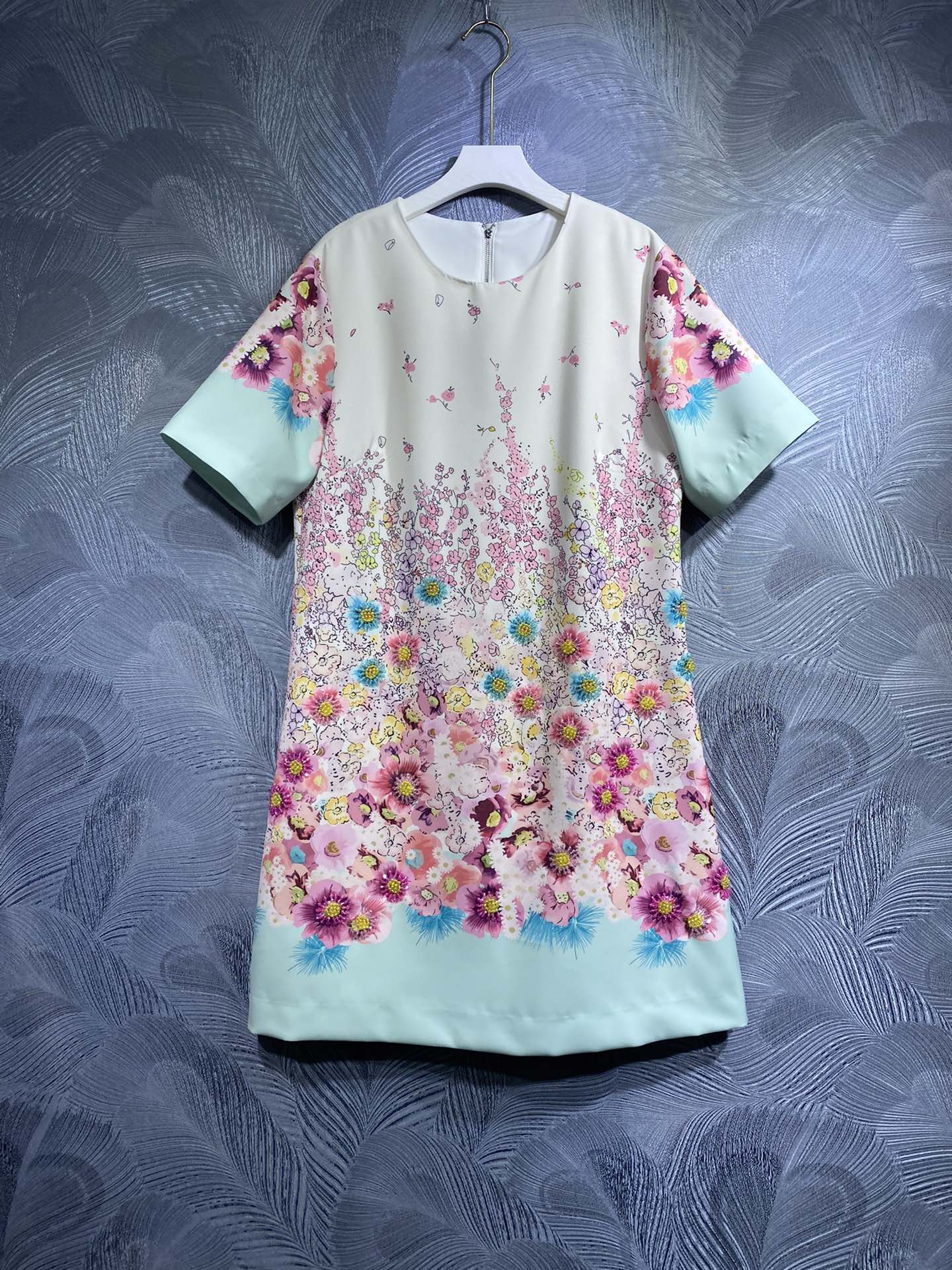 

2023 Spring New Tank Top Dress, Round Neck Print Beaded, Blue Pink White