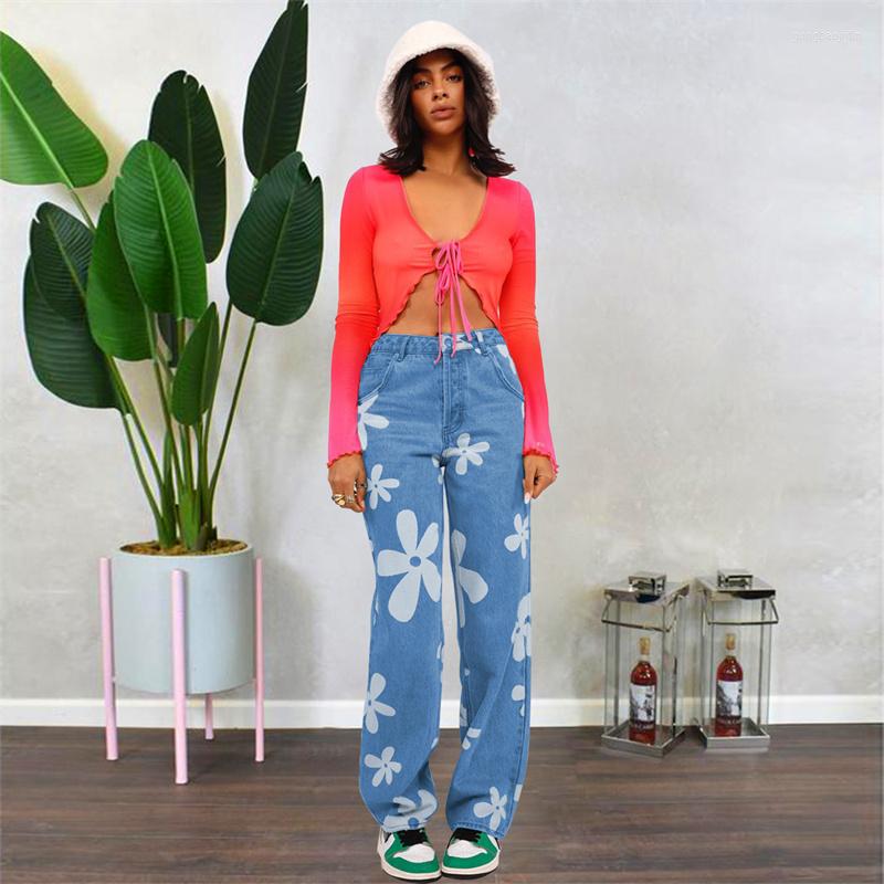 

Women's Jeans Women's Floral Print High Waist Fashion Ladies Wide-leg Loose Denim Pants Street Straight Blue Trousers