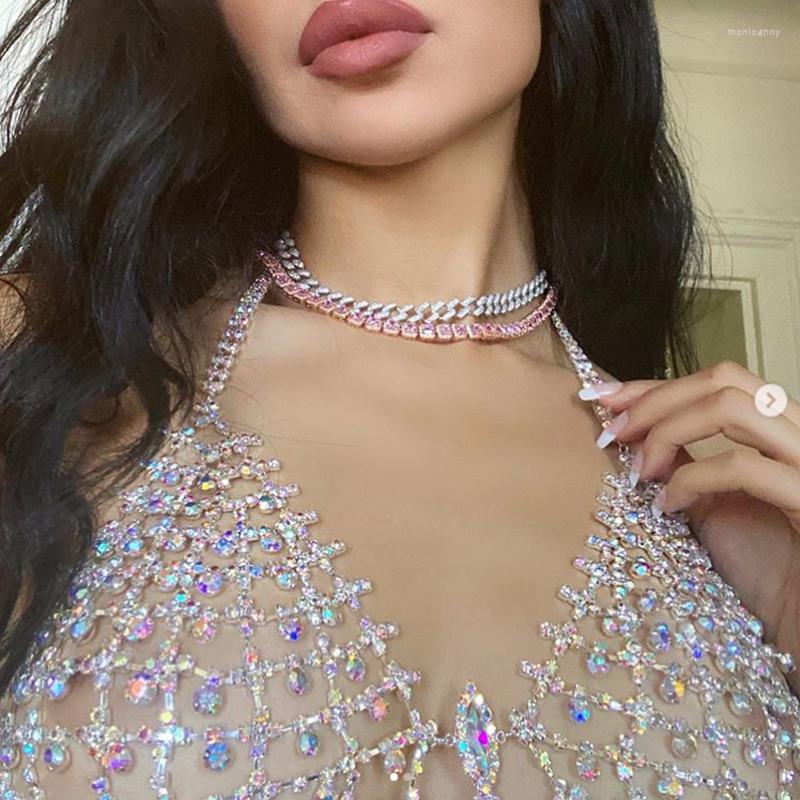 

Chains 8mm Sparking 5A CZ Necklace Square Pink Zircon Tennis Chain Choker Out Bling Charm Hip Hop Fashion Women Jewelry