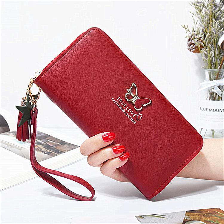 

Wallets Women's Korean Butterfly Clutch Large-capacity PU Leather Long Wallet Cellphone Card Holder Vintage Purse With Tassel 8Z, Burgundy