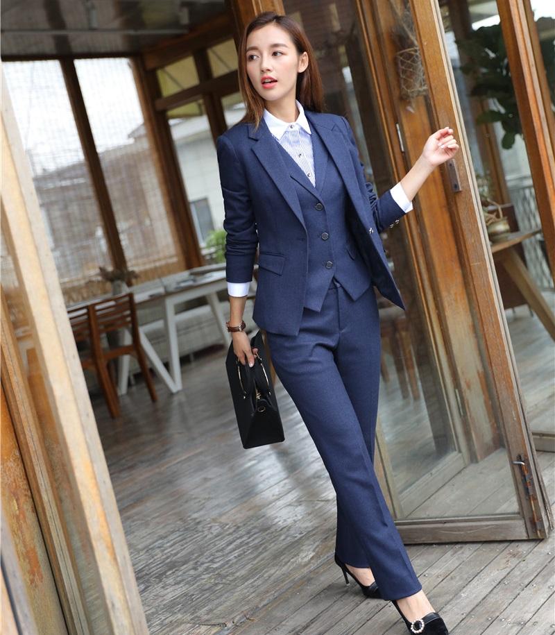 

Women' Two Piece Pants High Quality Fiber - Formal Women Business Suits 3 Vest Pant And Jacket Set Blue Blazer Ladies Office Uniform StyleW, Black