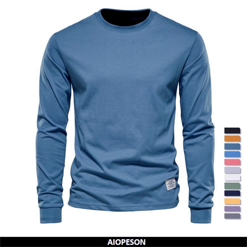 

Mens TShirts AIOPESON Solid Color Cotton T Shirt Men Casual Oneck Long Sleeved Mens Tshirts Spring Autumn High Quality Basic Tshirt Male 230316, Yellow