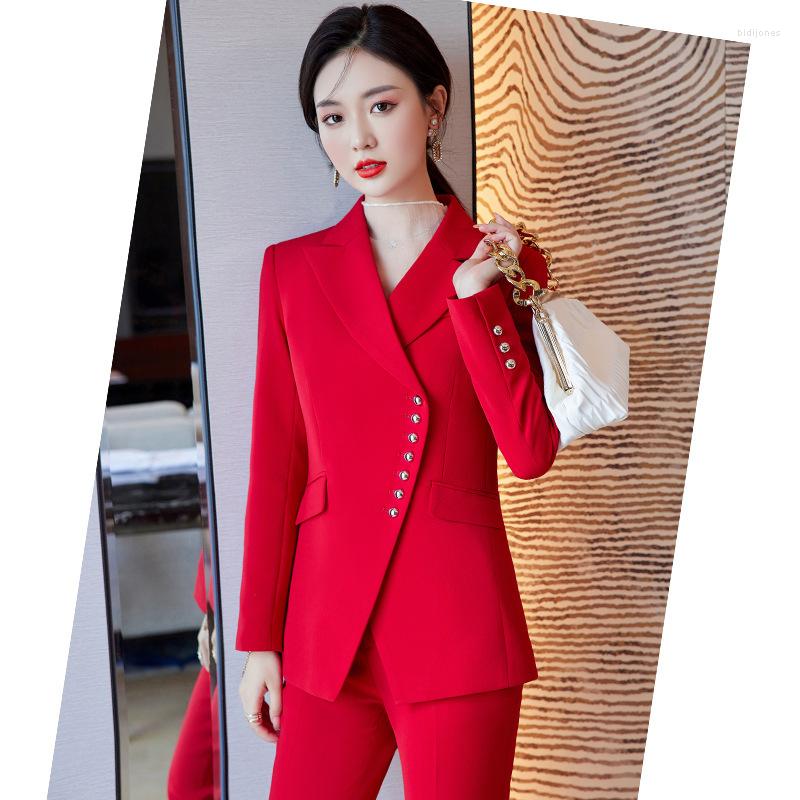 

Women's Two Piece Pants Elegant Red Women Business Suits With And Jackets Coat Autumn Winter Career Interview OL Styles Professional, Black pantsuits
