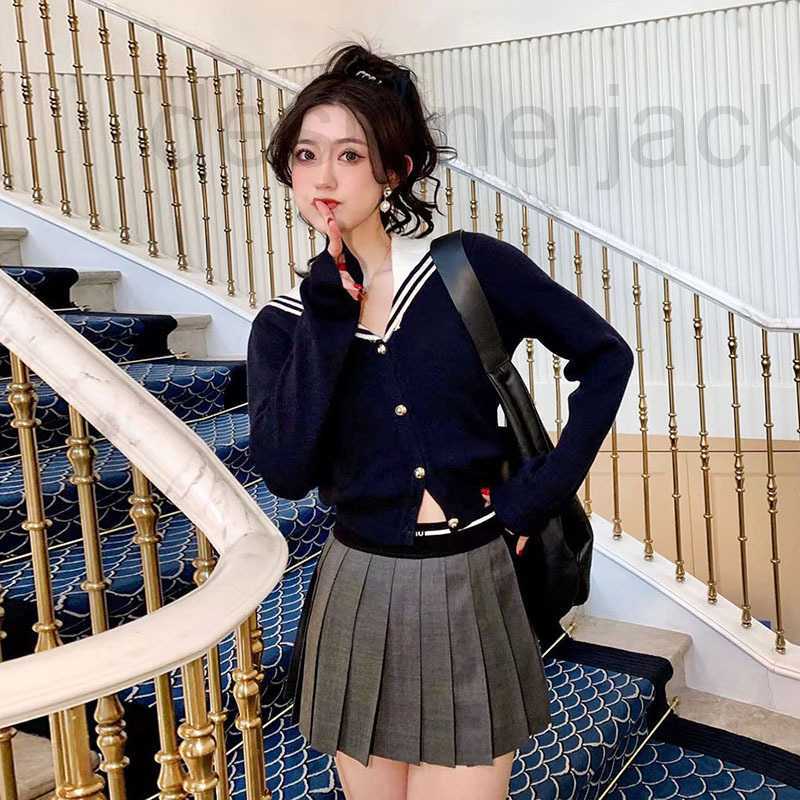 

Women' Knits & Tees designer knitted sweater spring 2023 navy collar waistband jacket QWUS, Navy blue