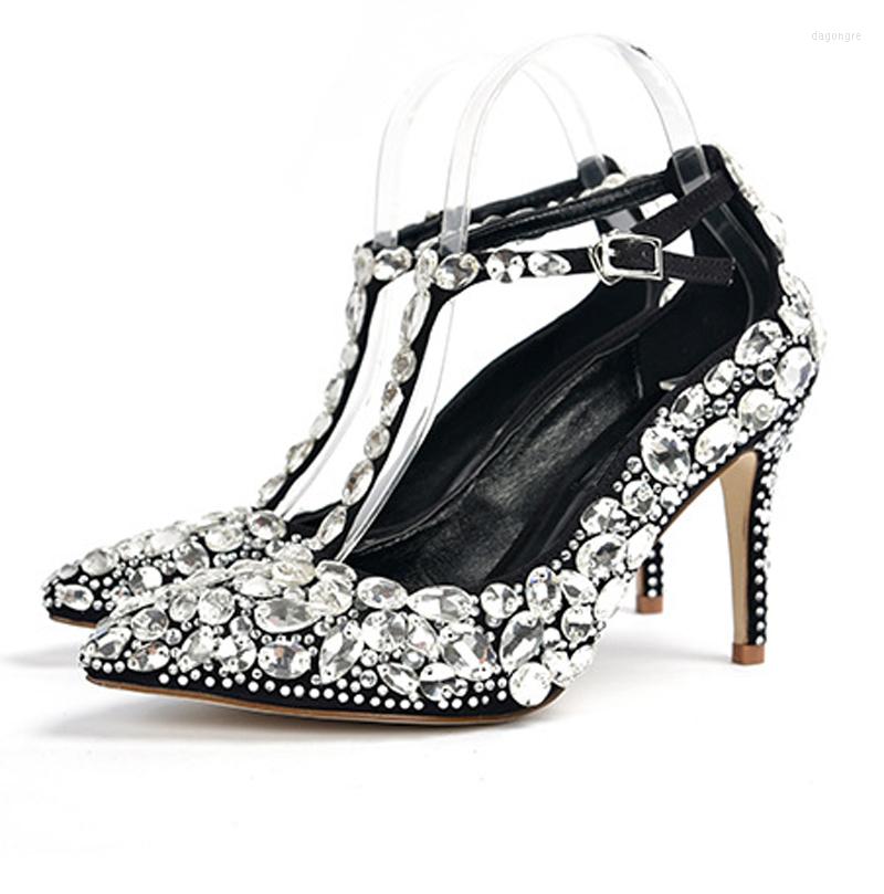 

Dress Shoes Luxury Diamond Crystal T-Strap Pumps Pointed Toe Full Rhinestone Bridal Sandals Women Bling Kitten High Heels Wedding, Black