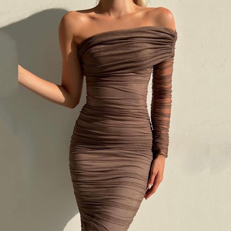 

Casual Dresses Women One Shoulder Sleeve Waist Solid Party Dress Autumn Dignified Bridesmaid Sexy Diagonal Collar Wrap Mesh Long, 04 light brown