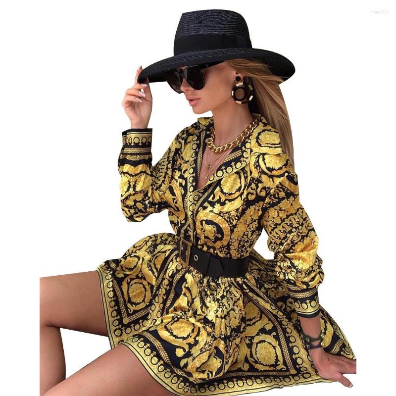 

Casual Dresses Zaggin 2023 Autumn Women Printed Collect Waist Shirt Dress Lady Notched Full Sleeve Knee-length, Gold