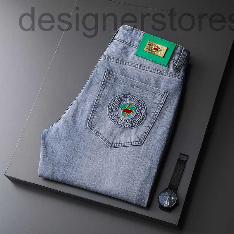 

Men's Jeans Designer Summer thin embroidered jeans for men's spring stretch slim-fitting and water-washed leggings casual wear 2XIB, Light blue