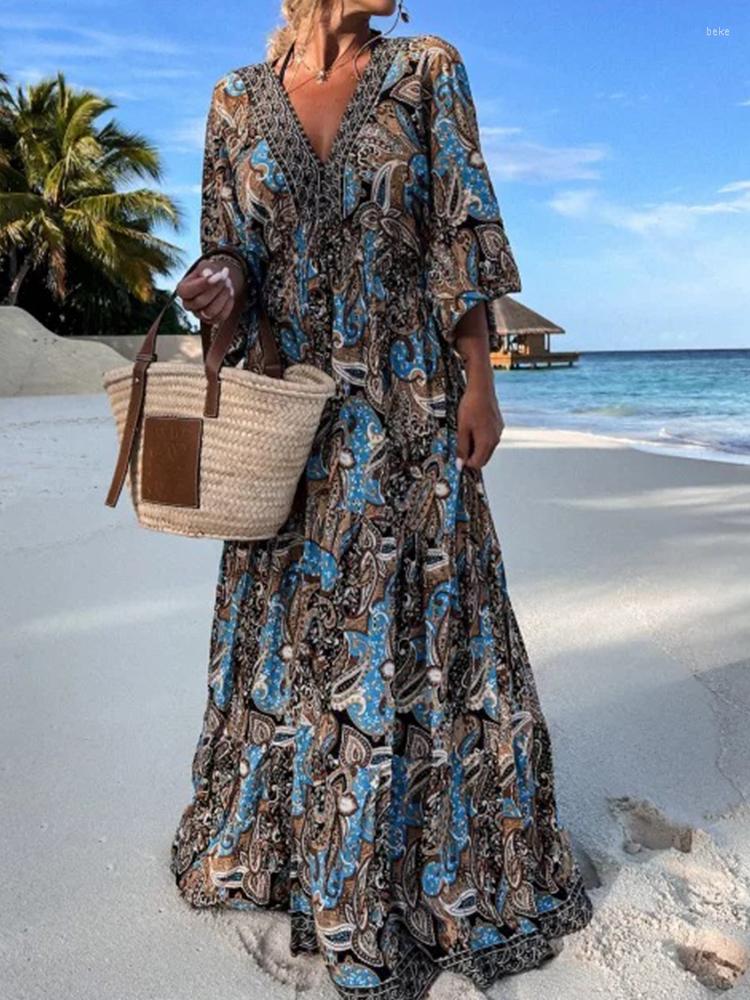 

Casual Dresses Women 3/4 Sleeve Vintage Boho Maxi Dress Fashion Pattern Print Beach Loose Summer Sexy Deep V Backless Folds Party, 02 purple
