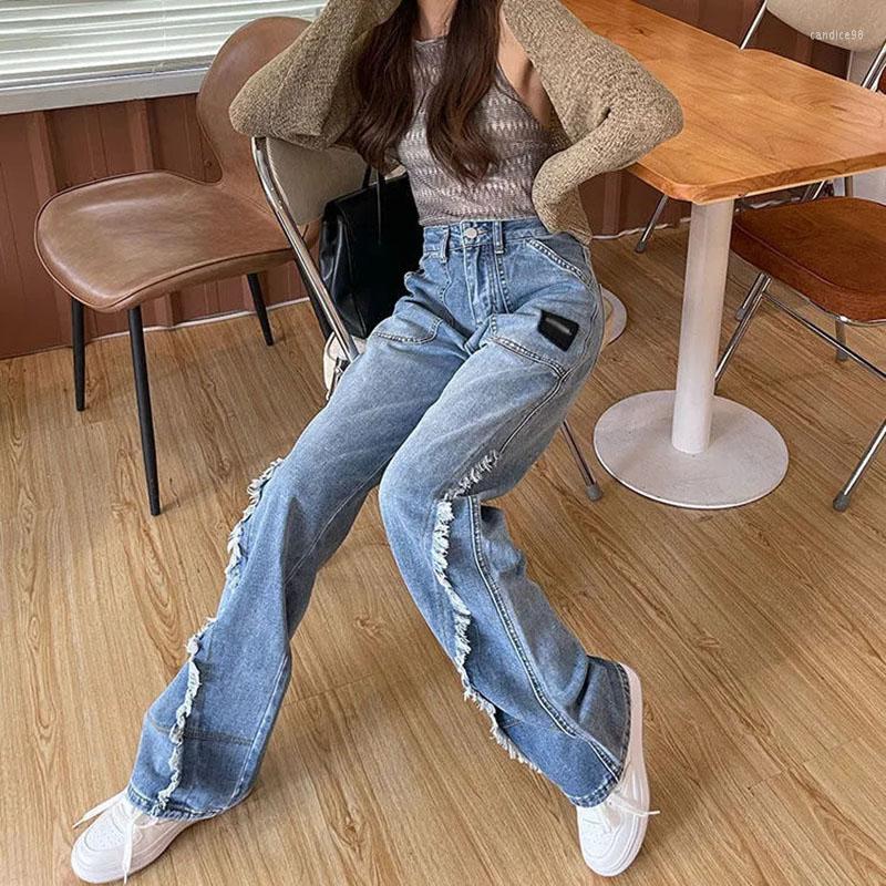 

Women' Jeans High Street Women Clothes Big Pocket Vintage Streetwear Straight Waisted Stitching Loose Tooling Denim Pants Female, Blue