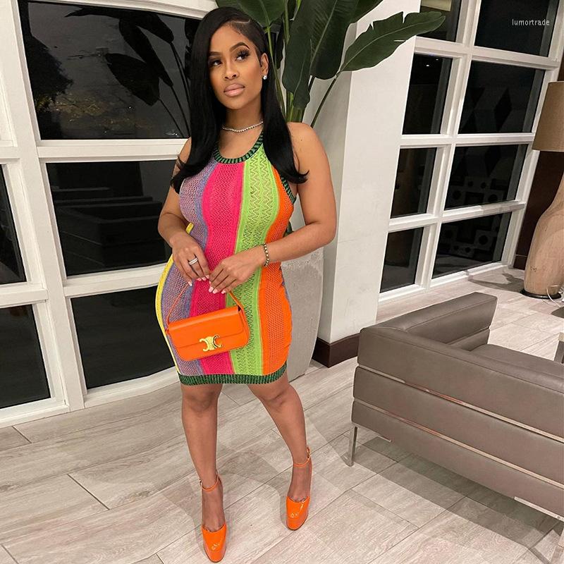 

Casual Dresses Summer Sexy Multicolor Mini Dress Women O-Neck Sleeveless Elegant Body-shaping Bodycon Hipster Skirt Activewear Female, Multi