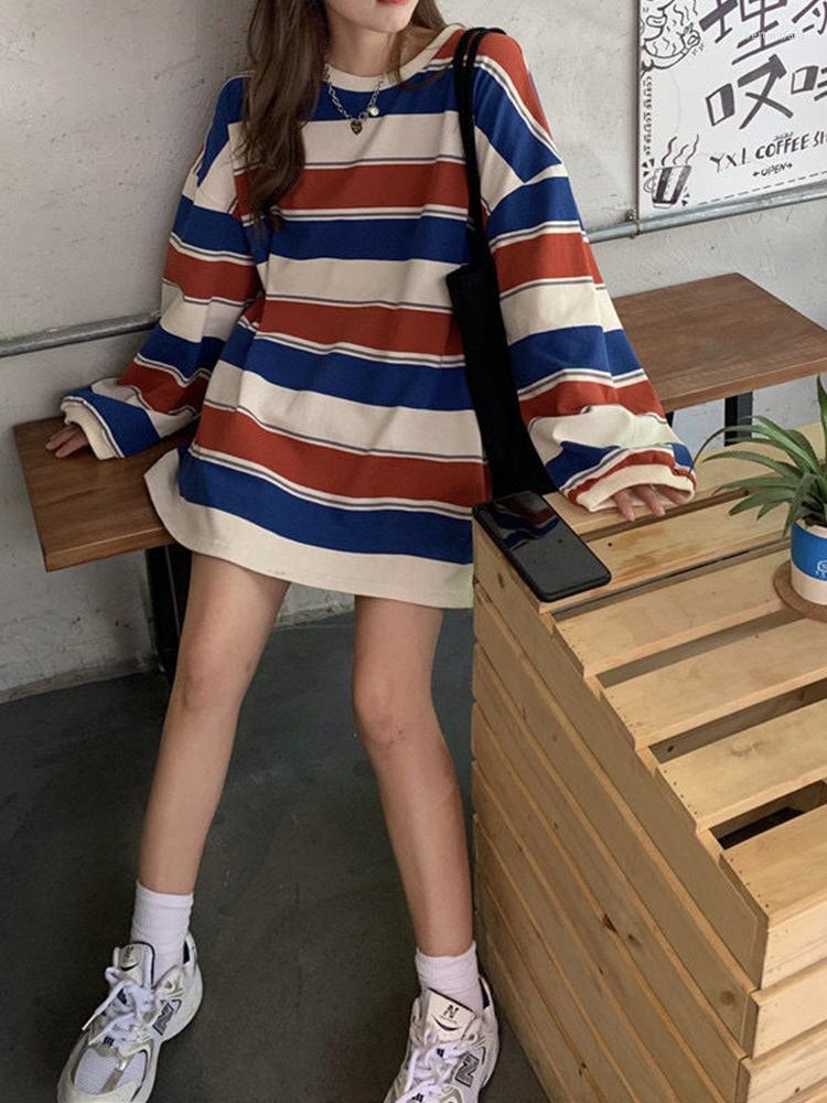 

Women' T Shirts Preppy Style Striped T-shirts Women Harajuku Loose-Fitting Long Sleeve Tops Oversized Casual Shirt Fashion Couples, White