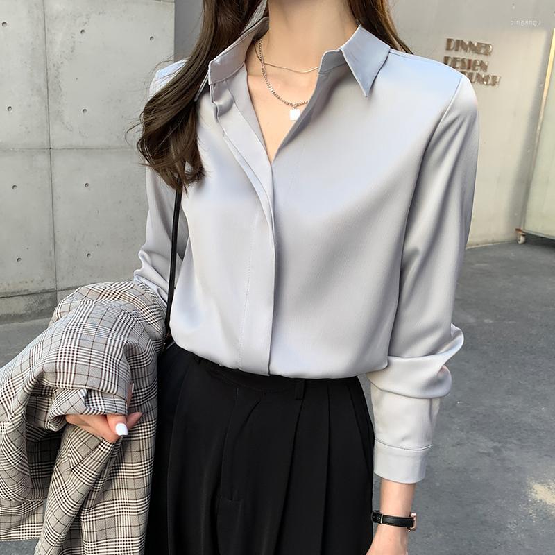 

Women's Blouses Menahem 2023 Summer Button Up Satin Silk Shirt Vintage Blouse Women Work Wear V-Neck Long Sleeve Tops Female Straight OL, White