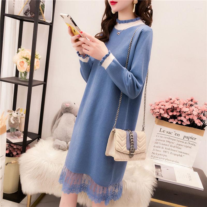 

Casual Dresses Simplicity Solid Colour Color Blocking Stripe Half High Collar Women Knee-length Loose Waist Straight Pullover Lace Hem, Blue