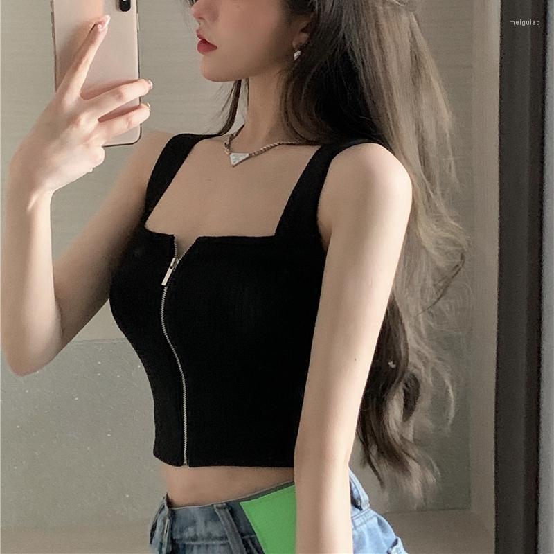 

Women's Tanks Sexy Zipper Knit Sleeveless Short Crop Tops Ladies Vest Casual Tank Top Women Camisole Female Black White Streetwear Y2K