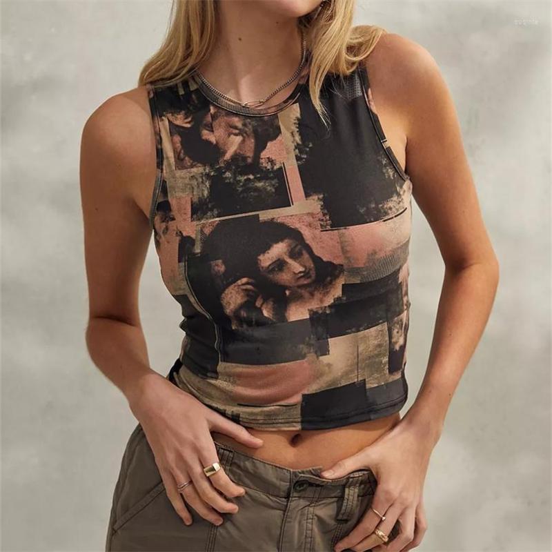 

Women' Tanks Puloru Vintage Painting Print Crop Tank Tops 90s E-girl Aesthetic Women Sleeveless Round Neck Vest Harajuku Grunge Streetwear, Multi