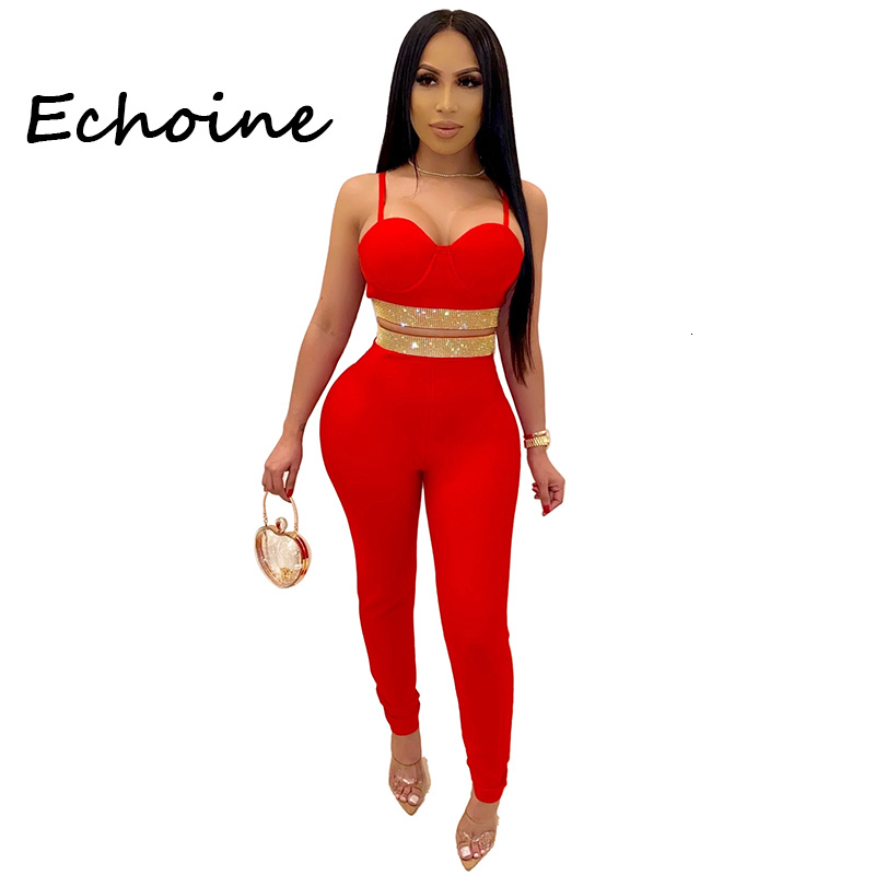 

Women's Two Piece Pants Sexy Off Shoulder Women Suit Diamond Pullover Strapless Bodycon Outfit Tracksuit Women Party Night Clubwear Outfit Women Set 230316, Red
