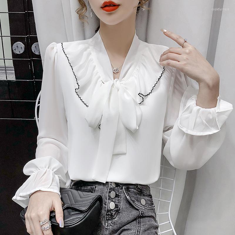 

Women' Blouses Spring 2023 Fashion V-neck Chiffon Long Sleeve Bottomed Shirt White Top, Black