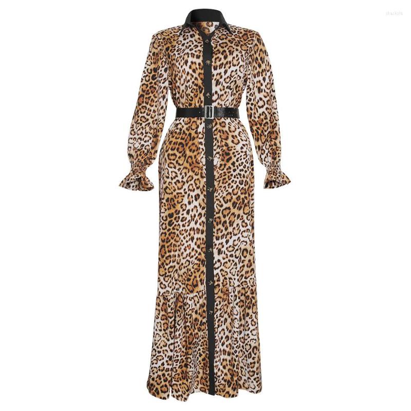 

Casual Dresses Leopard Maxi Ladies 2023 African Fashion Turn-down Collar Petal Sleeve Classic Robe Boubou Elegant For Daily Party, Gray