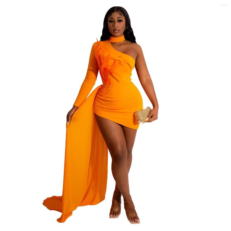 

Casual Dresses Women' Fashion Formal Dress Elegant Sexy Female Robe Cape Feather Diagonal One Shoulder Girl' Vestidos Lady