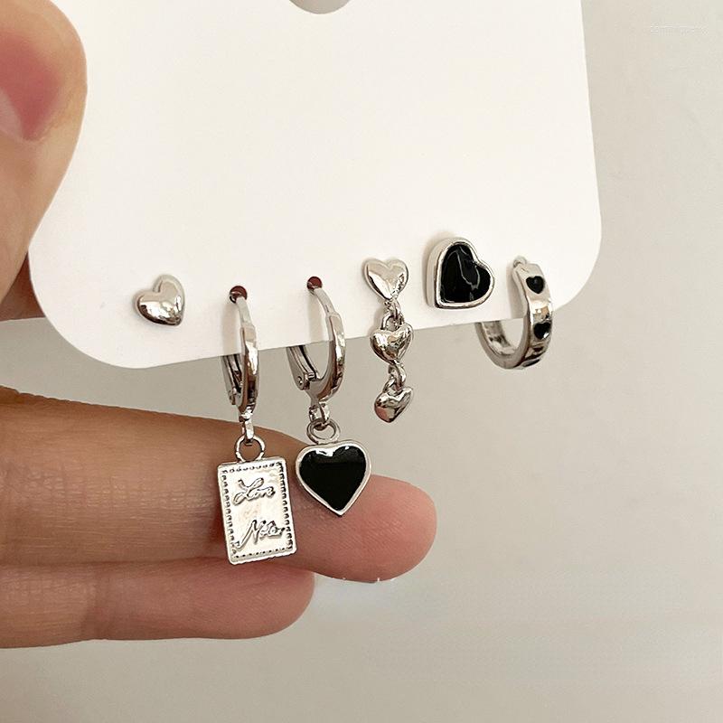 

Dangle Earrings 6Pcs/Set Trendy Black Punk Set For Women Heart Geometry Dripping Oil Enamel Ring Jewelry Accessorie