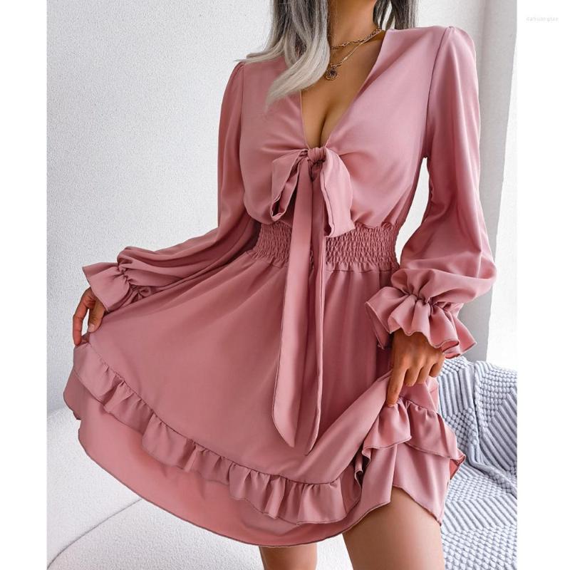 

Casual Dresses Wepbel Summer Dress Women Long Sleeve Lace Up Waist-Tight Wooden Ear Swing High Waist Solid Color, Pink
