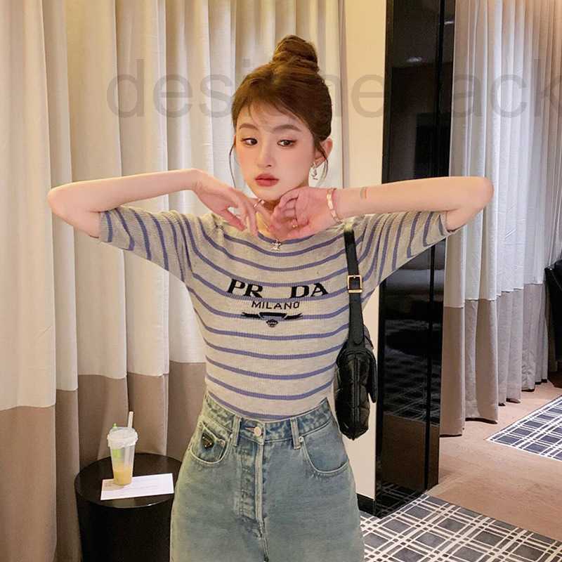 

Women' Knits & Tees designer 2023 Spring Wool Elastic Short Spicy Girls Top Slim Stripe Underlay Knit 4O12, Gray