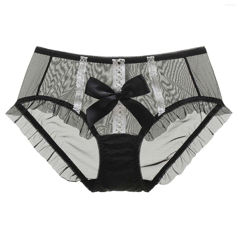 

Women's Panties Japanese Sexy Sheer Lace Women's Underwear Transparent Stretch Mesh Mid-Waist Lingerie Strings Bow Cotton Briefs, Black