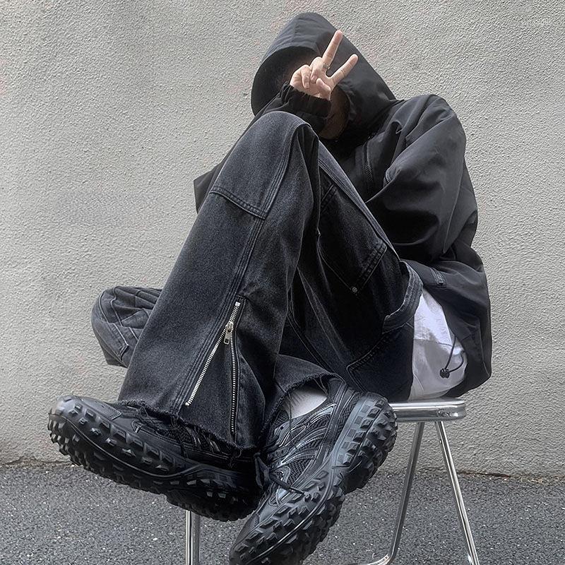 

Men's Jeans Men's Zippered Black Washed High Street Retro Hip Hop Y2K Pants American Loose Casual Straight Wide Leg Trousers