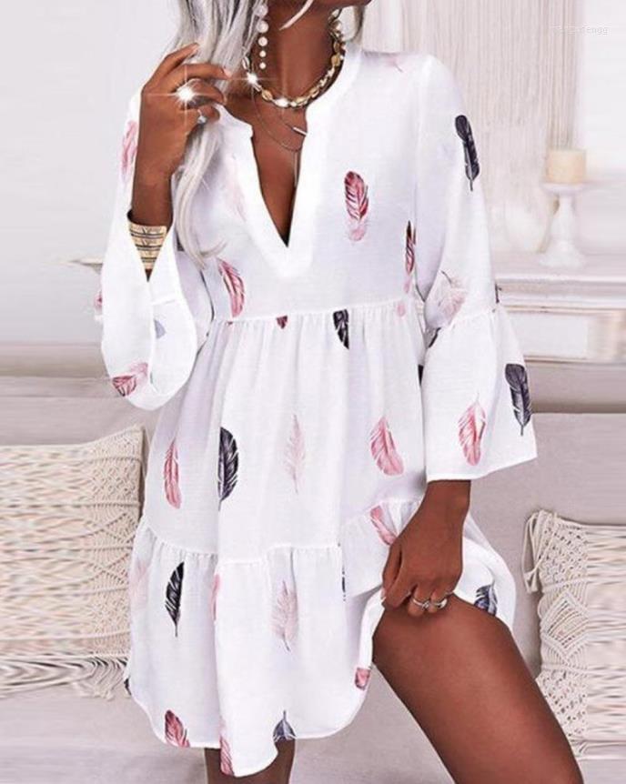 

Casual Dresses For Women 2023 Spring Fashion Feather Print Bell Sleeve Ruffles V-Neck Long Daily A Line Mini Dress