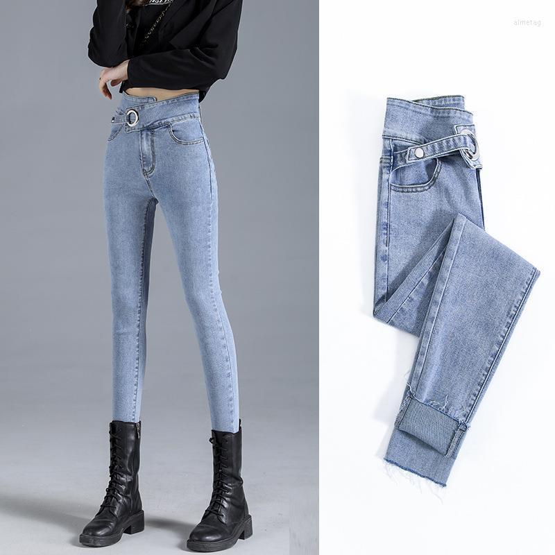 

Women's Jeans Woman High Elastic 36 38 40 Stretch For Women Mom Blue Gray Black Female Washed Denim Skinny Pencil Pants, Dark grey